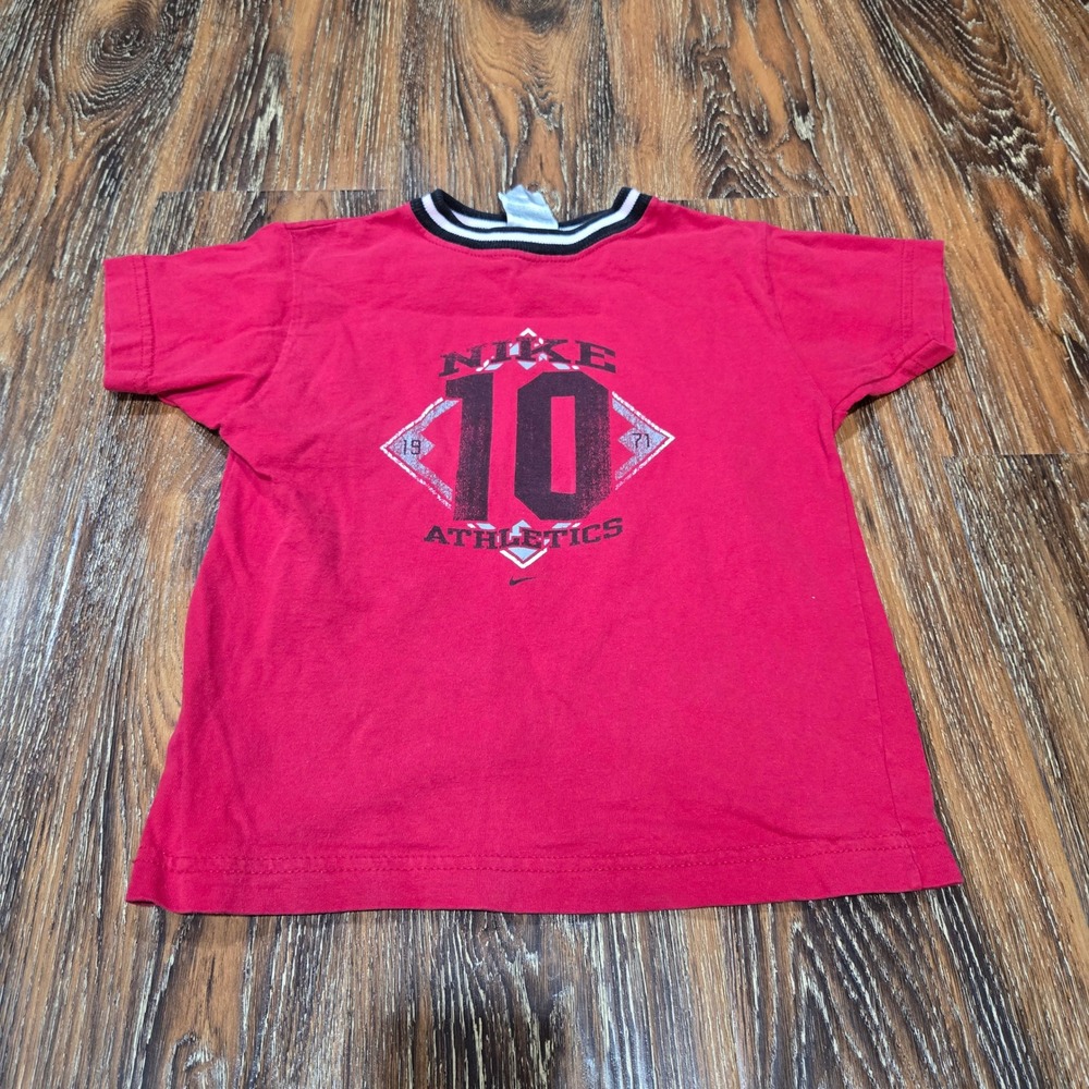 Vintage 90s Nike Size 7 T-Shirt Kids Red Ringer Neck Short Sleeve Boys 10 Graph